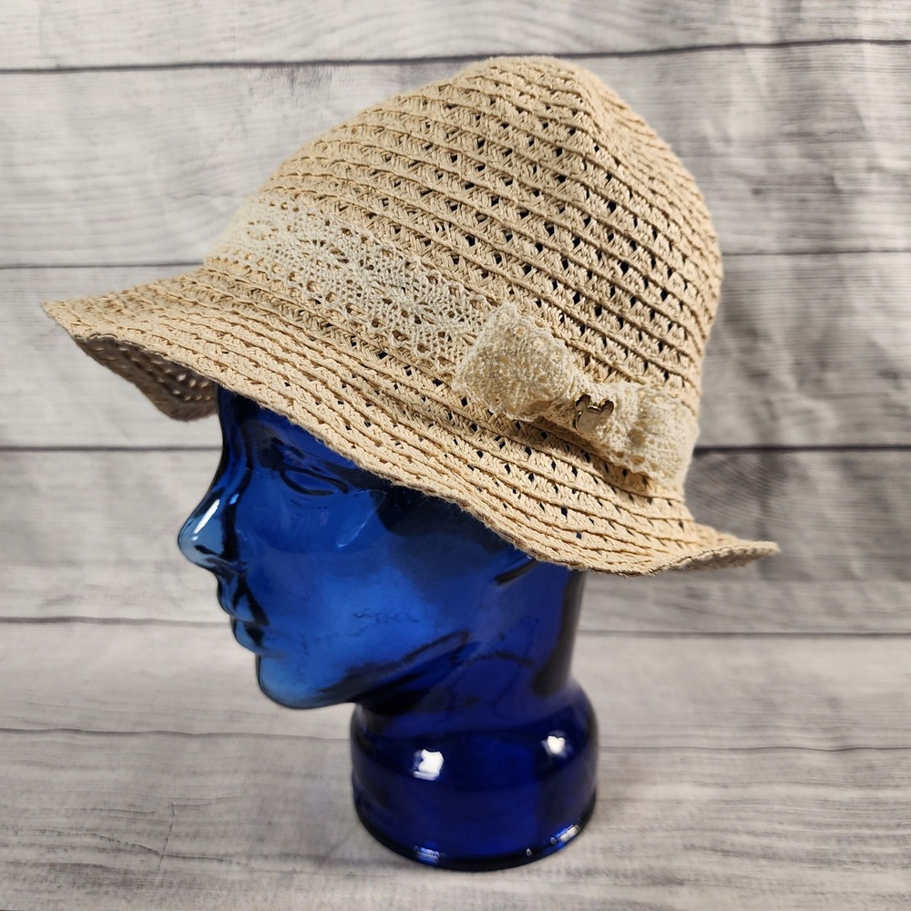 Disney Parks Mickey Mouse Lace Bow Straw Cloche Sun Hat Beige Adult 57cm